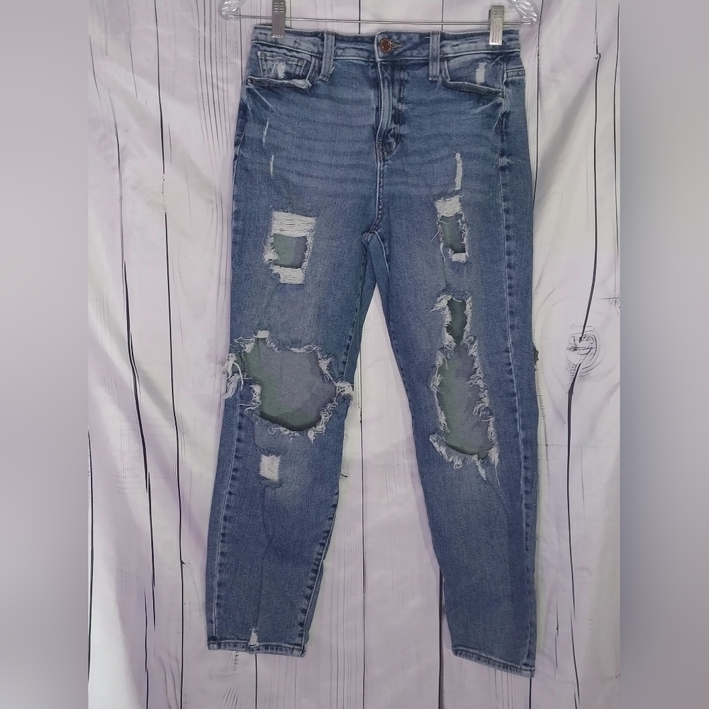 SO Destroyed Light Blue High Rise Mom Tapered Leg Jeans